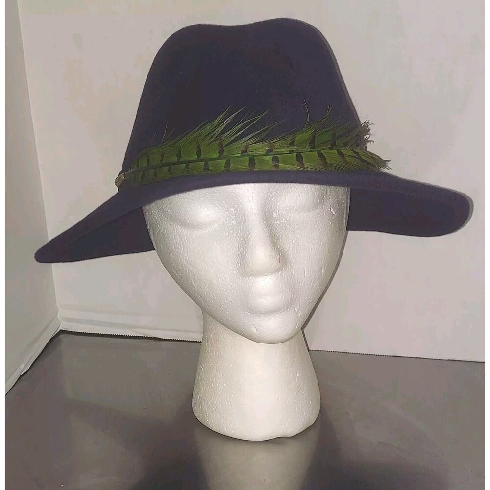 Eugenia Kim Navy Blue 100% Rabbit Fur Felt Ladies Fedora Hat with Feather Band